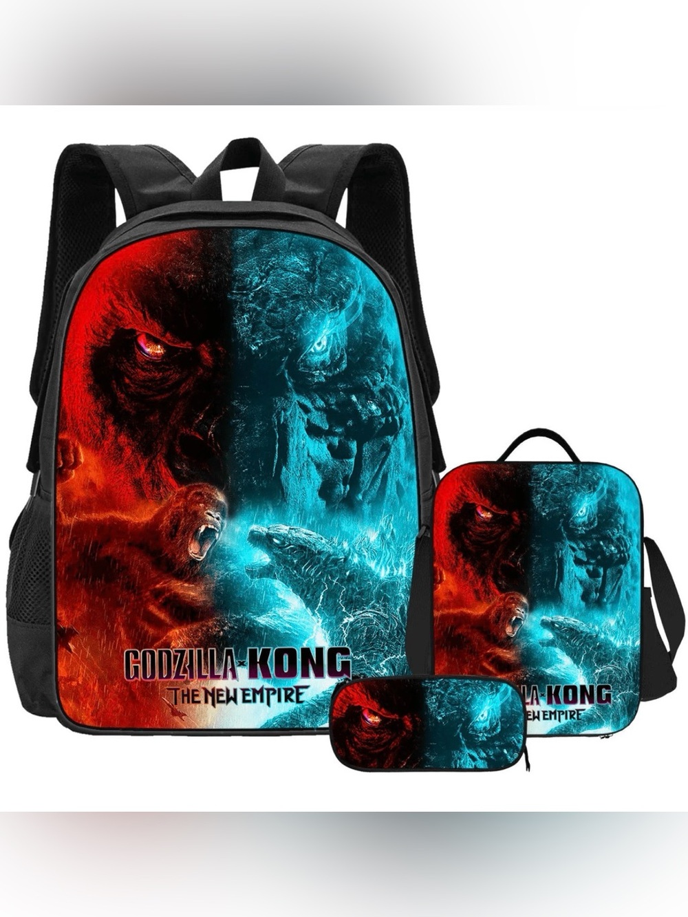 3 Godzilla Backpack Cartoon Creative Print Knapsack Lunch Bag and Pencil Case